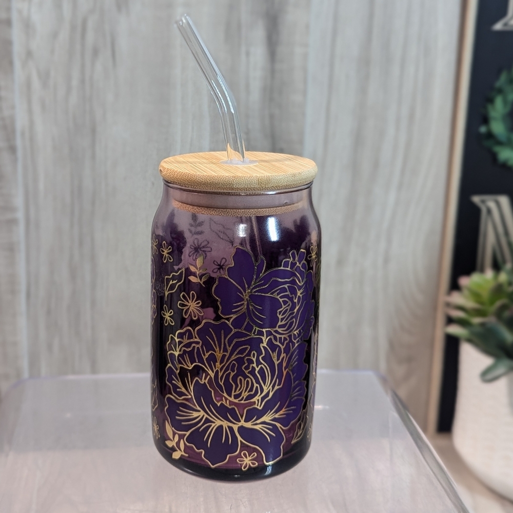 Seeds & Sunshine Glass Sipper Can Straw Purple Orchid Gold Floral Cup